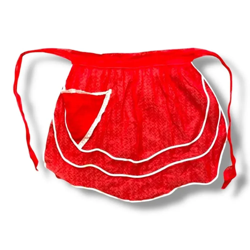 Vintage‎ 50s Red Sheer Half Apron White Lace Trim Tie Back Retro Sexy Housewife